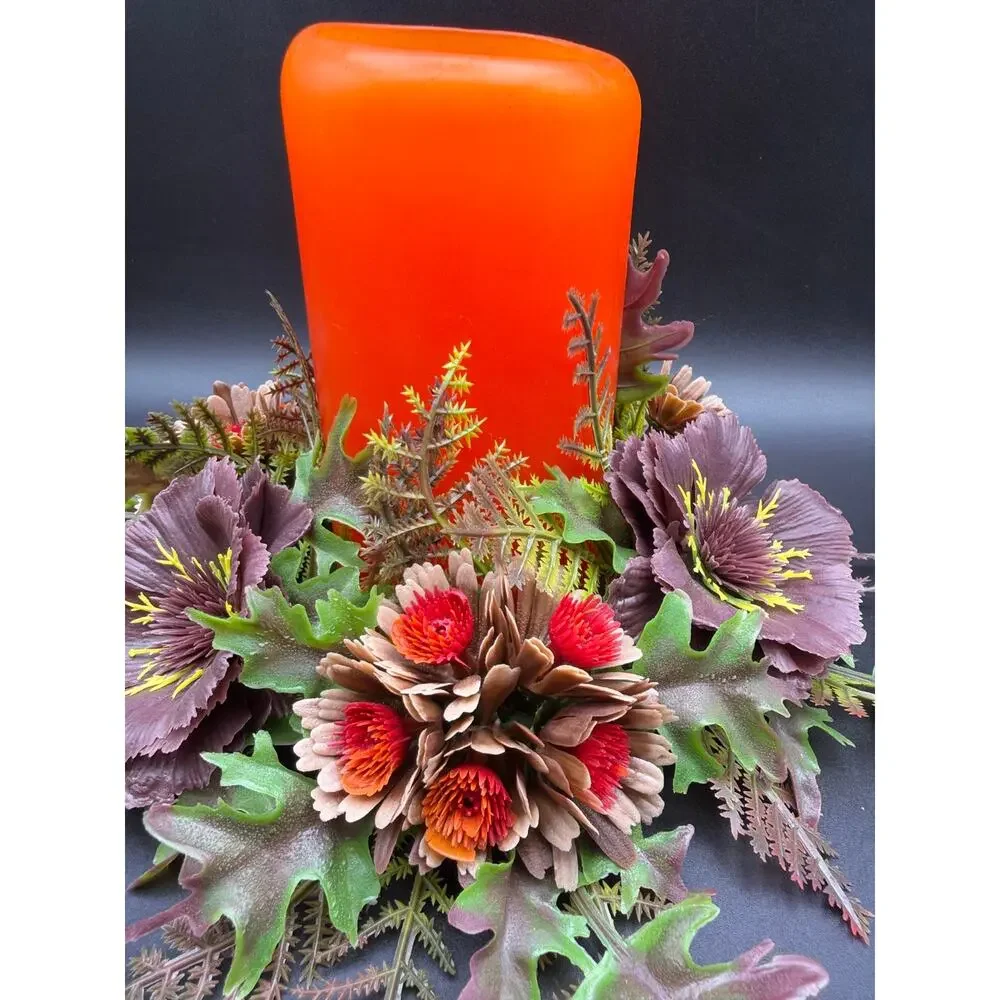 Vintage Fall Floral Centerpiece Orange Pillar Candle Thanksgiving Decor 10x6.5
